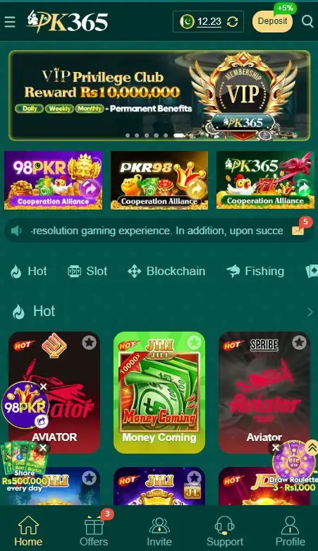 PK365 Game app home screen showing VIP club, hot games and slots