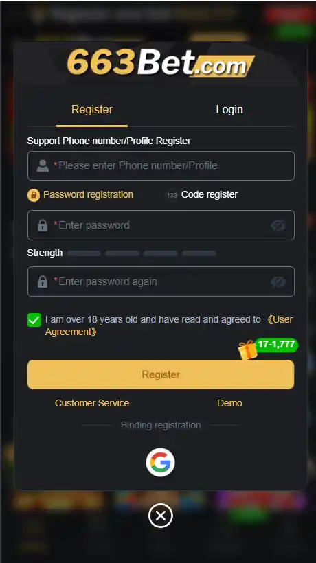 663Bet login screen